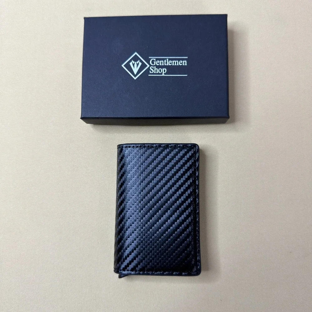 NEW Gentlemen Shop Carbon Fiber Leather Trifold Wallet RFID Pop Up Card Holder‎